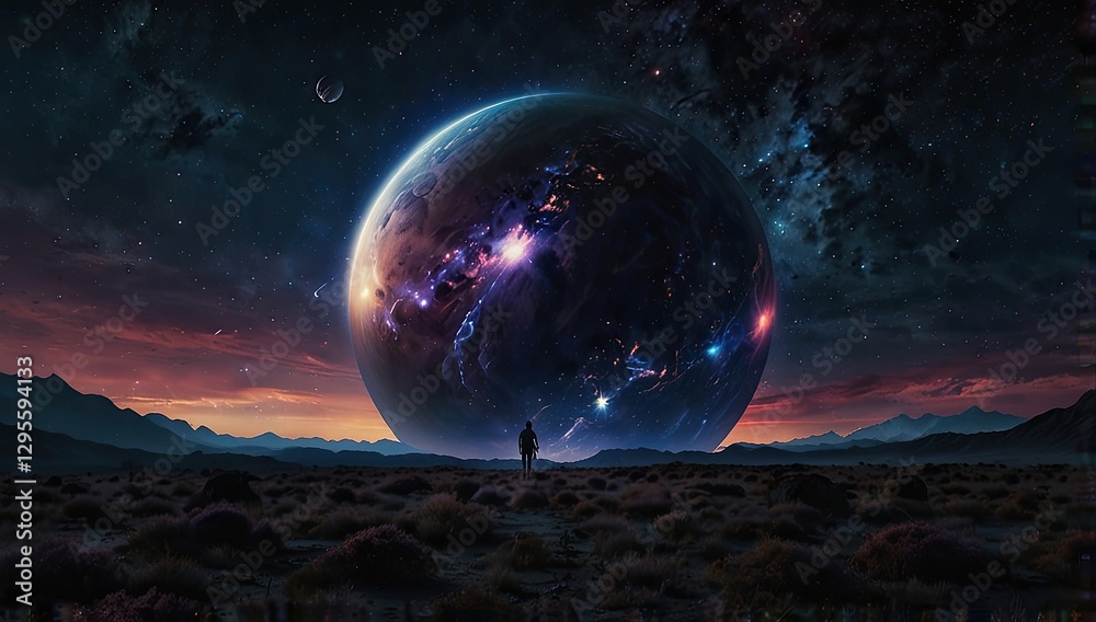 Lone explorer is making his way across an otherworldly landscape, heading towards a giant, glowing planet hanging in the cosmic sky