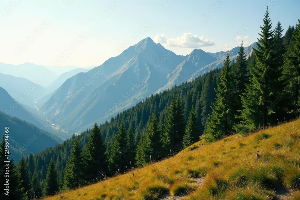 Fototapeta premium Golden mountain slope covered in dense spruce, slope, landscape