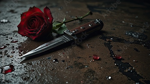 Obraz na płótnie Withered red rose lies next to a blood stained knife on a wet stone surface, symbolizing the dark contrast between love and violence w salonie