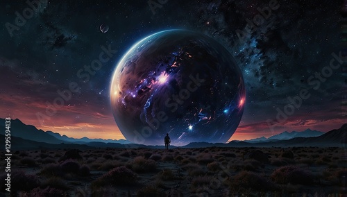 Obraz na płótnie Lone explorer is making his way across an otherworldly landscape, heading towards a giant, glowing planet hanging in the cosmic sky w salonie