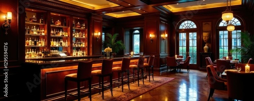 Low-slung bar nestled between opulent dining area and elegant foyer, dimly lit bar, cigar lounge