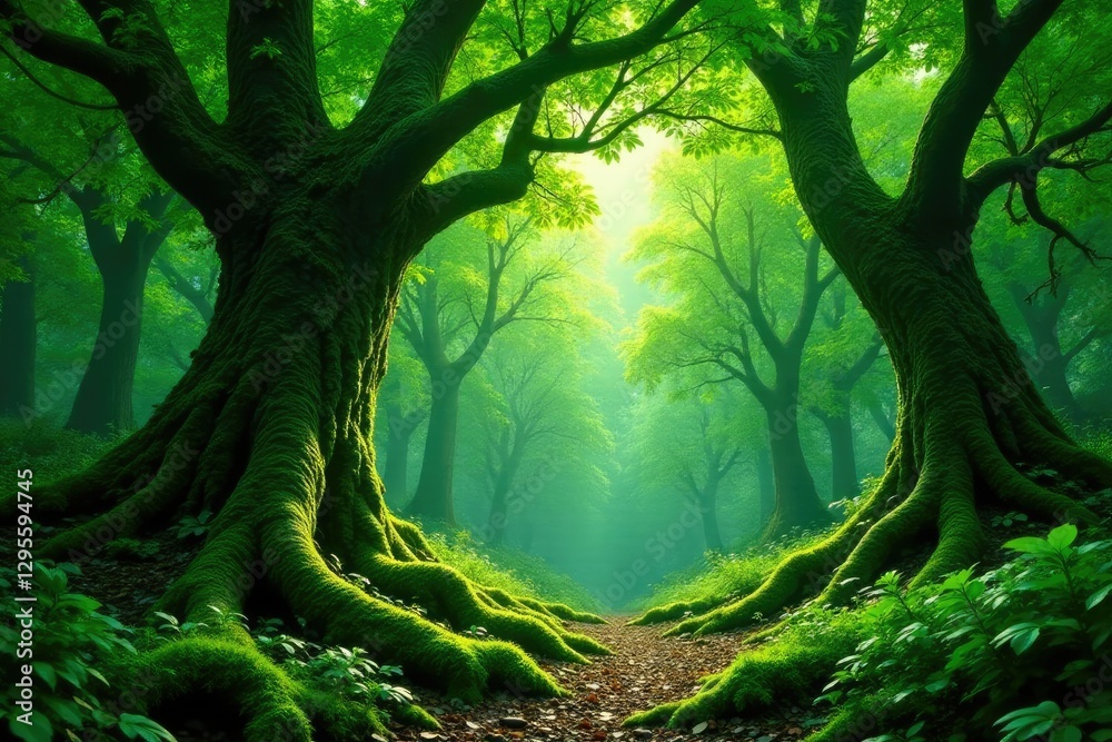 Fototapeta premium Lush canopy above gnarled tree trunks with moss and ferns, forest, leafy, foliage