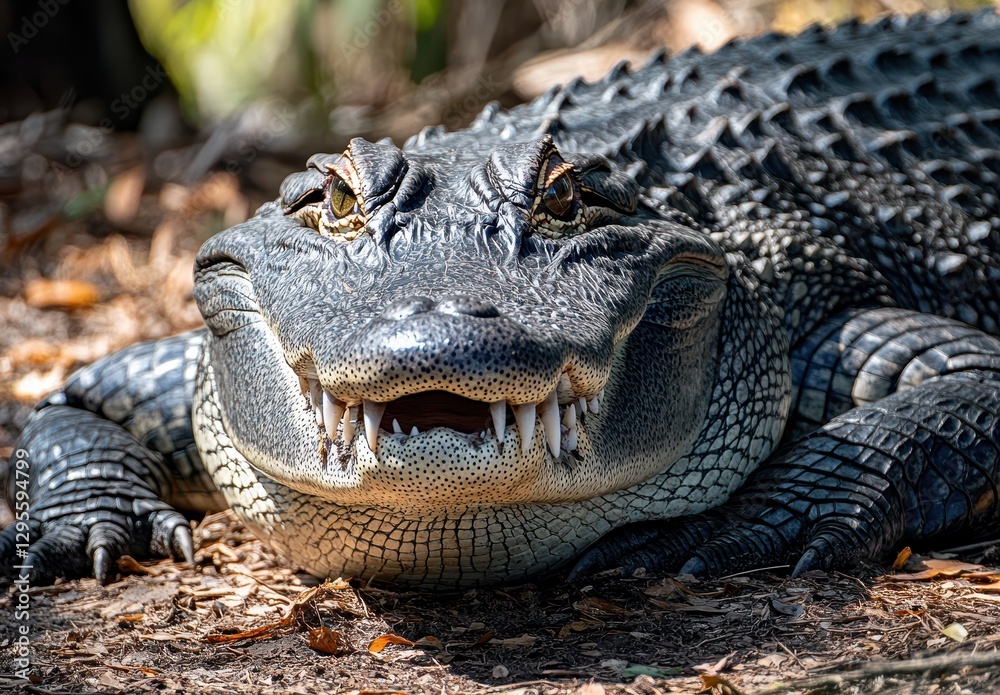 Fototapeta premium Close-up of a relaxed crocodile resting on the ground with detailed textures of its skin and sharp teeth showcasing its natural habitat in the wild