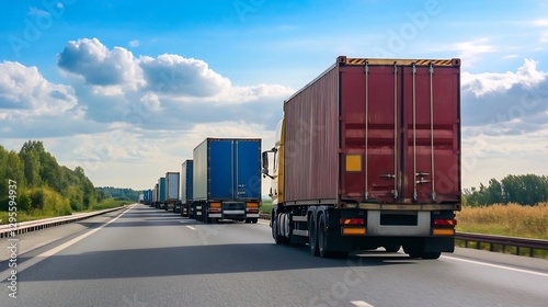 Streamlined convoy of cargo trucks traveling on the highway under clear blue skies showcasing logistics in motion : Generative AI