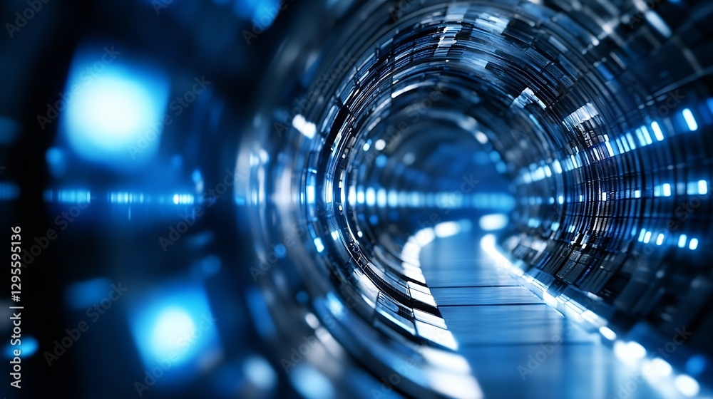 Obraz premium Futuristic tunnel with glowing blue lights and metallic surfaces creating a digital atmosphere : Generative AI