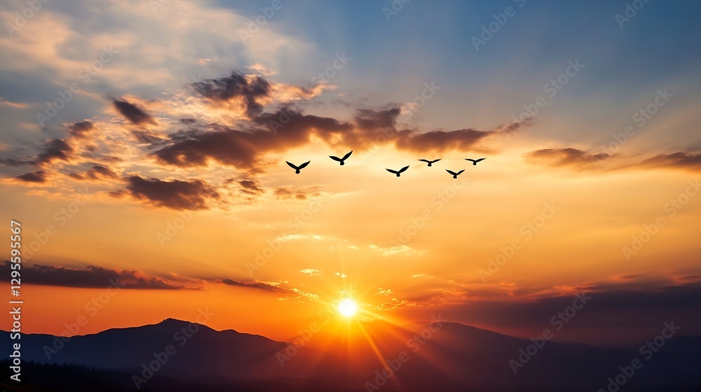 Obraz premium Majestic sunset landscape with a flock of birds flying across the orange sky and silhouette mountains : Generative AI