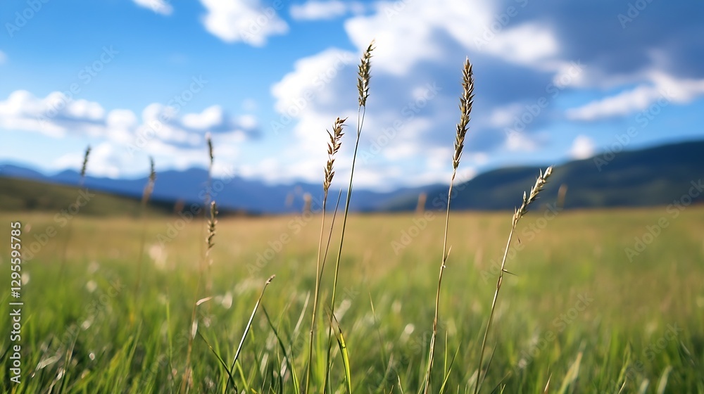Fototapeta premium Vibrant natural landscape showcasing grass swaying gently beneath a dramatic blue sky with clouds : Generative AI