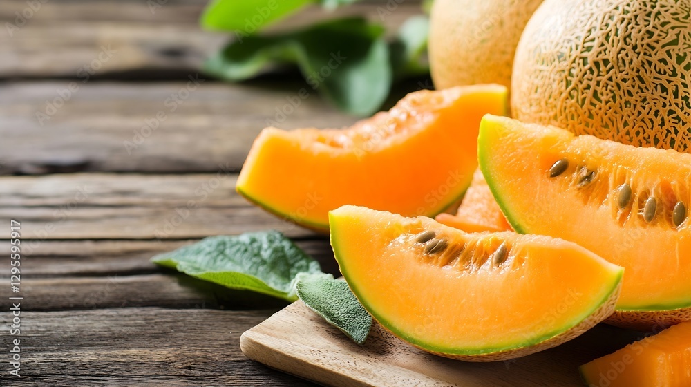 Freshly cut cantaloupe slices on wooden table with green leaves in the background : Generative AI Freshly cut cantaloupe slices on wooden table with green leaves in the background : Generative AI