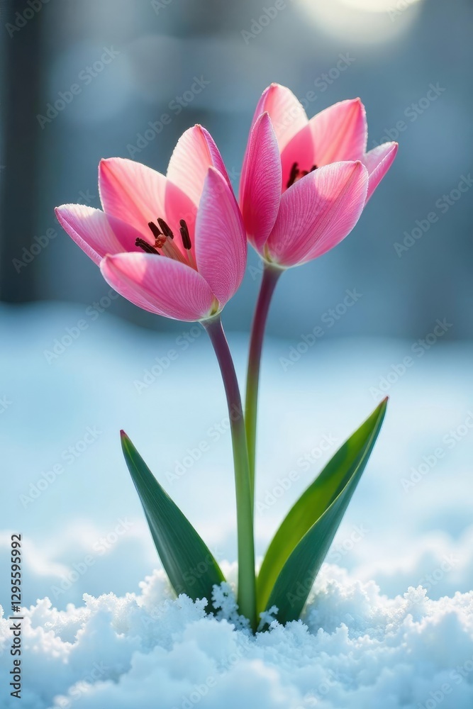 Fototapeta premium Pink lily stems emerging from a frosty white background, winter, frost
