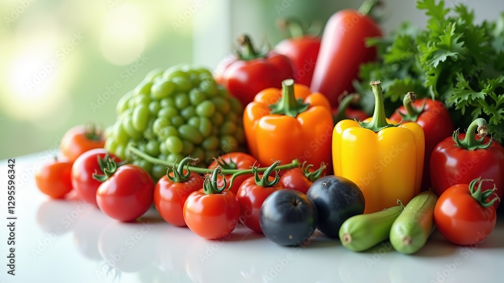 A vibrant assortment of fresh vegetables displayed on a white table, illuminated by soft natural light from a nearby window. A vibrant assortment of fresh vegetables displayed on a white table, illuminated by soft natural light from a nearby window.