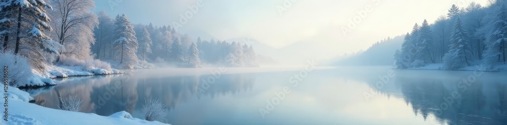 Fototapeta premium Silvery mist ascends over a frozen lake in winter, peaceful, serene, lake