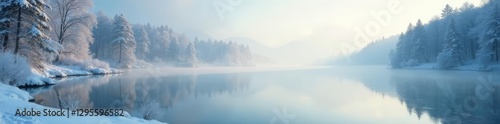 Silvery mist ascends over a frozen lake in winter, peaceful, serene, lake
