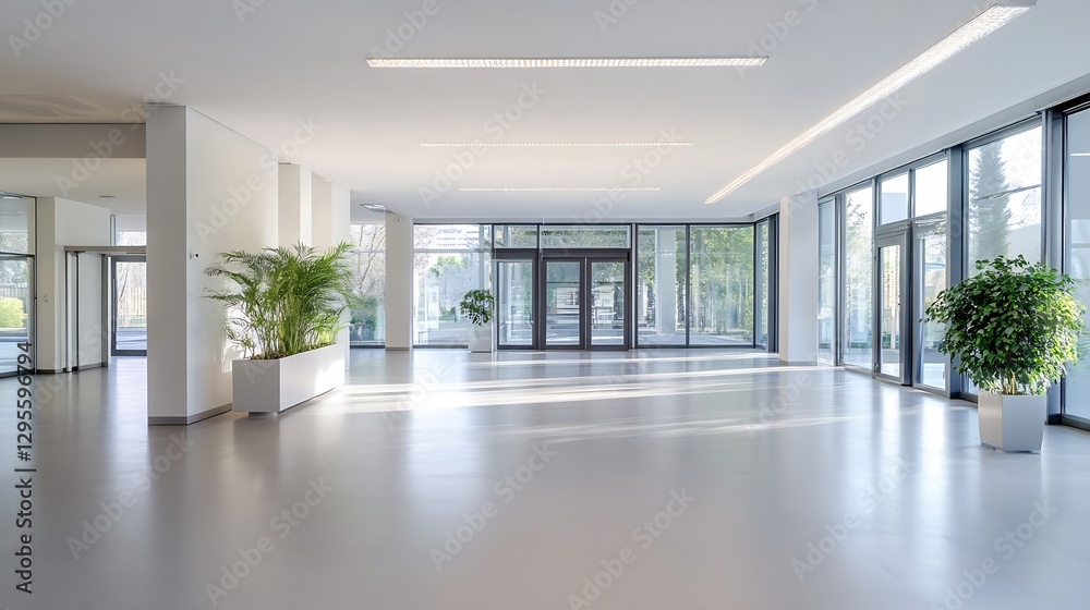 Fototapeta premium Bright And Airy Reception Area With Plants And Large Windows : Generative AI
