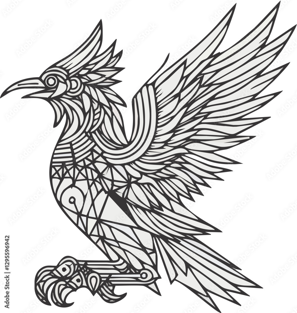 Fototapeta premium Intricate line art of a mythical bird in flight, showcasing detailed feathers and patterns