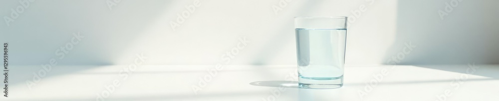 Simple elegance of a glass of clean water on a white surface illuminated by soft sunlight, water, serenity, whiteness