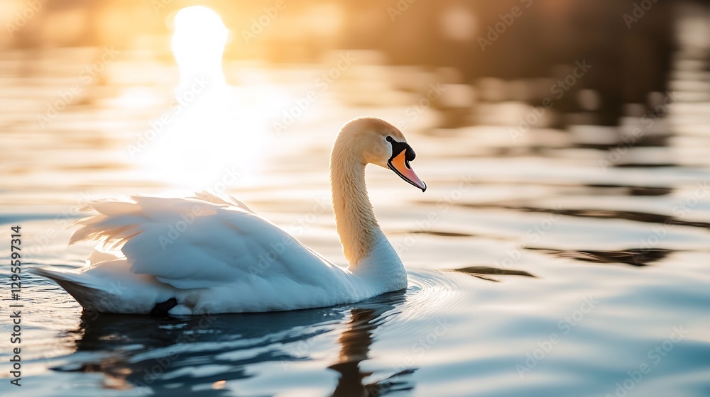 Naklejka premium Elegant swan gliding on tranquil water at sunset capturing nature's beauty in stunning light : Generative AI