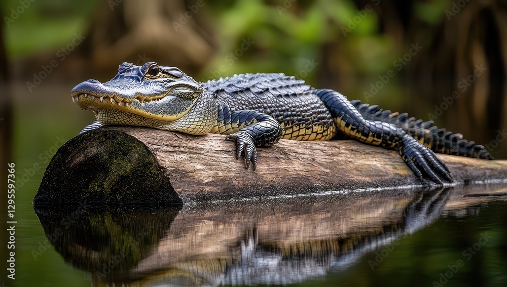 Fototapeta premium Close-up of a Young Alligator Resting Peacefully on a Log in a Serene Wetland Environment Surrounded by Lush Greenery and Reflections in Still Water