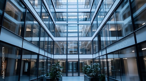 Modern architectural interior featuring glass walls and natural light in a sleek office space : Generative AI photo