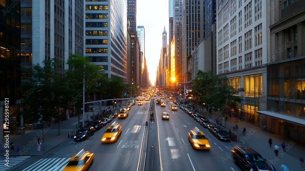 Naklejka premium Golden hour cityscape with bustling traffic featuring scenic buildings and urban energy : Generative AI