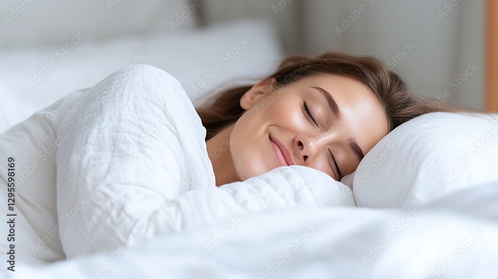 Woman Relaxing in Soft White Bed with Bright Smile in Natural Morning Light : Generative AI Woman Relaxing in Soft White Bed with Bright Smile in Natural Morning Light : Generative AI