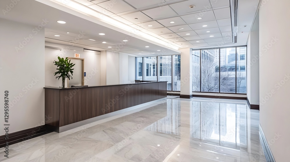 Fototapeta premium Empty reception area with modern design and natural light in corporate office : Generative AI