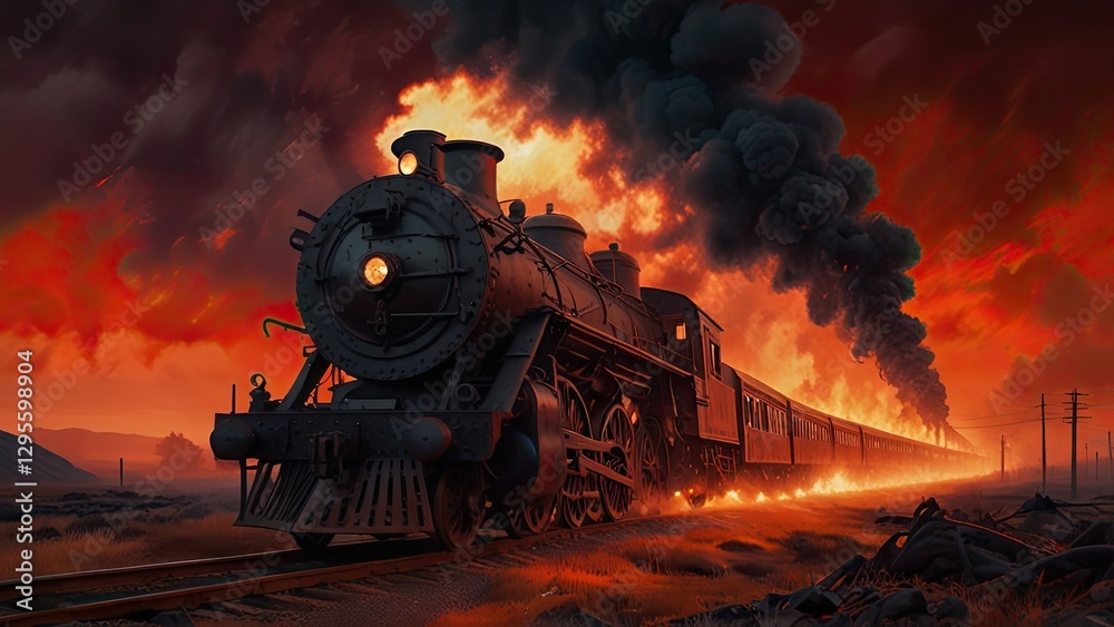 Old steam train speeding through a fiery hellscape with burning rails and apocalyptic sky with blood red moon, perfect for themes of destruction, horror, and the end of the world