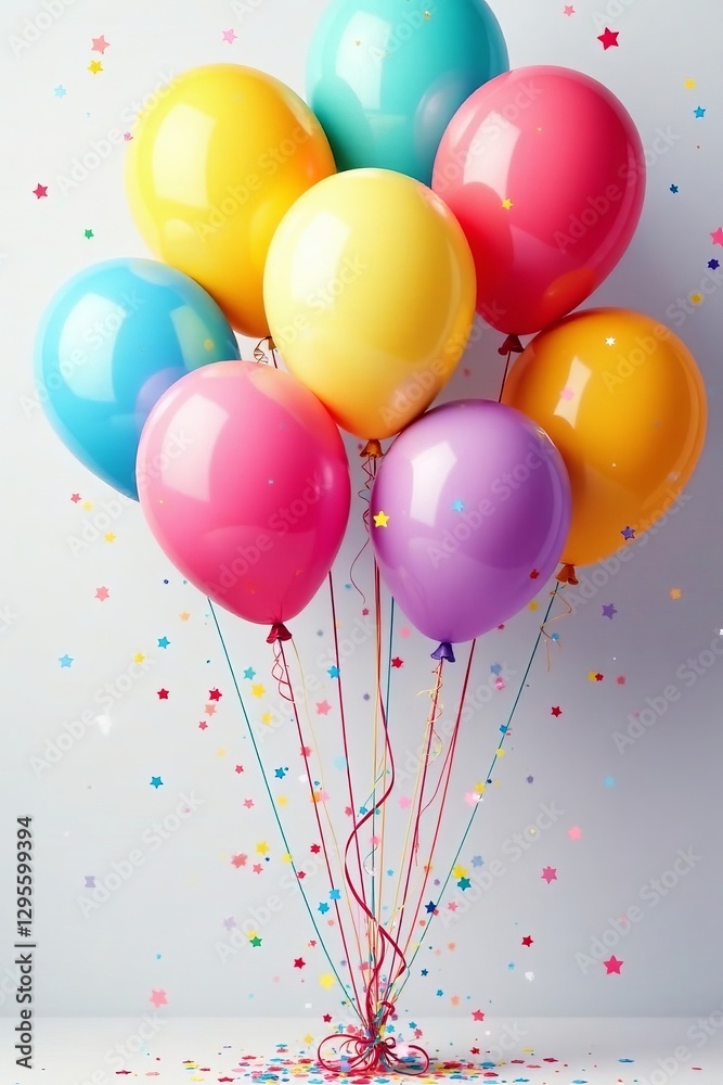 Vibrant and colorful birthday balloons design with confetti and stars, stars, birthday Vibrant and colorful birthday balloons design with confetti and stars, stars, birthday