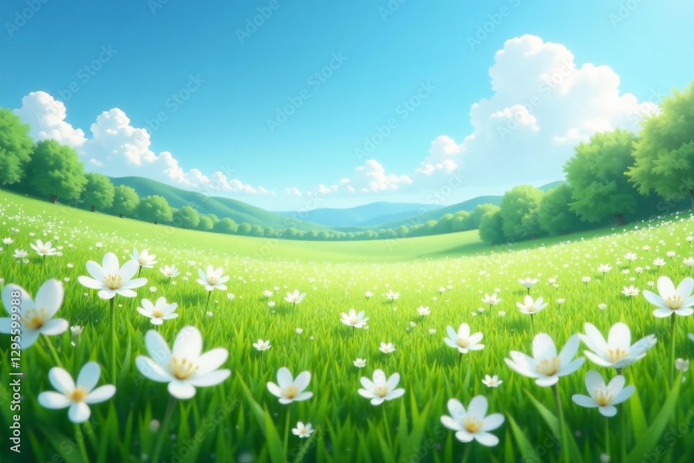 Lush field filled with beautiful snow white blossoms under clear blue sky, sunny, seasonal Lush field filled with beautiful snow white blossoms under clear blue sky, sunny, seasonal