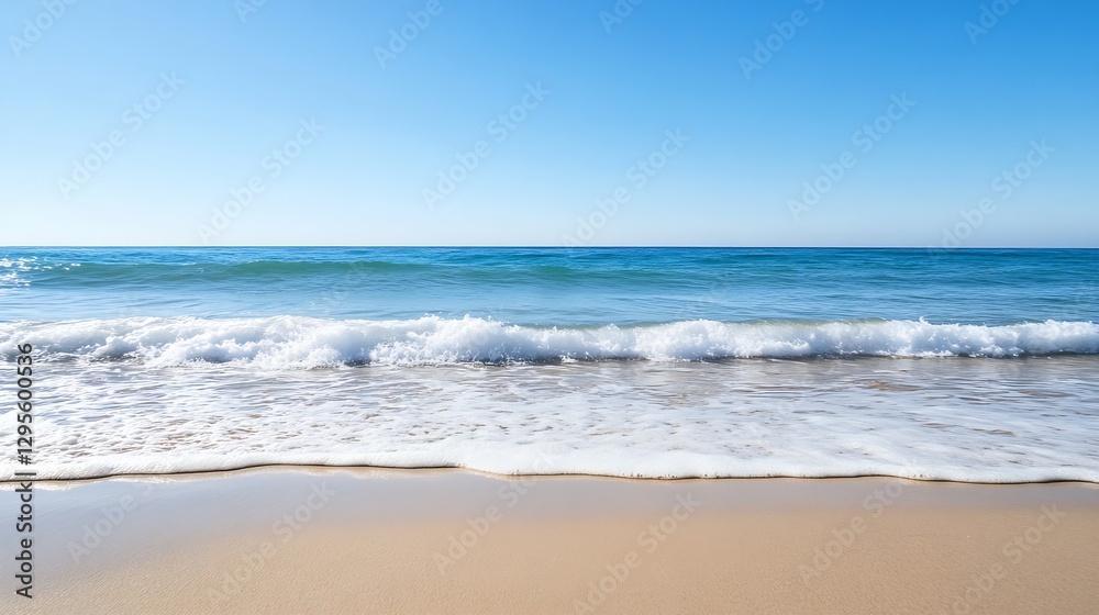 Calm ocean waves gently rolling onto a sandy beach under a clear blue sky on a sunny day : Generative AI Calm ocean waves gently rolling onto a sandy beach under a clear blue sky on a sunny day : Generative AI
