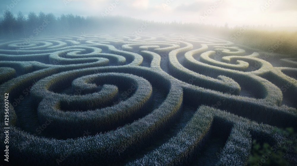 Naklejka premium Intricate hyperrealistic maze without exit serene landscape digital artwork aerial view conceptual challenge