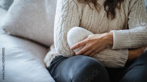 A person using a heating pad on their elbow while sitting on a couch. Featuring pain relief and comfort