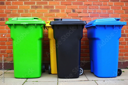 row of colorful trash cans sitting next to a brick wall