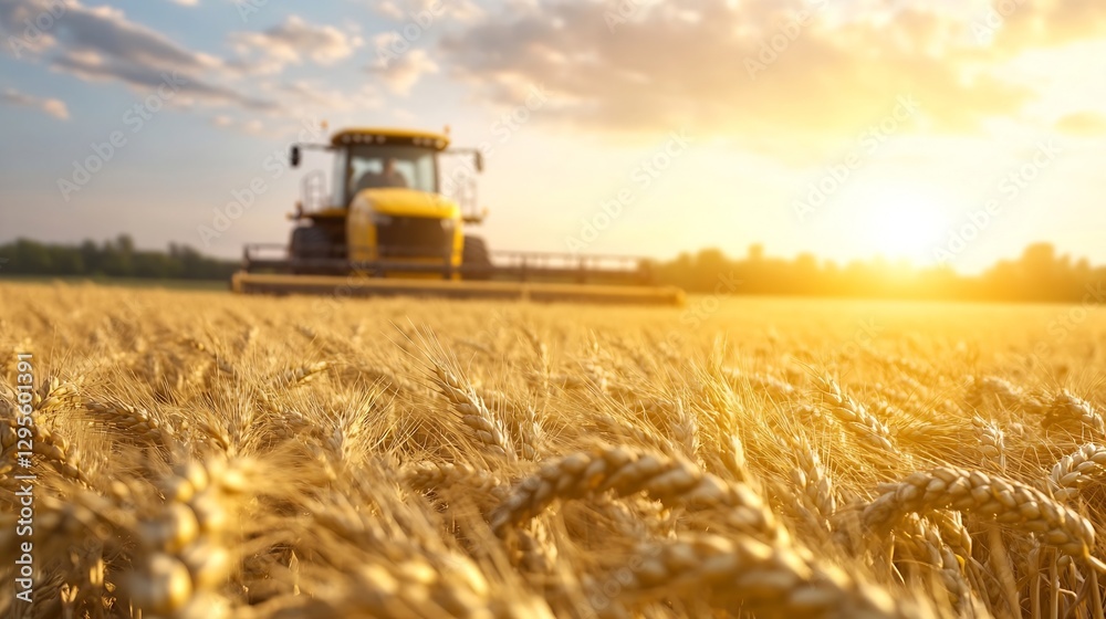 Fototapeta premium Golden wheat fields at sunset with agricultural machinery highlighting the beauty of farming and rural life in natural light : Generative AI