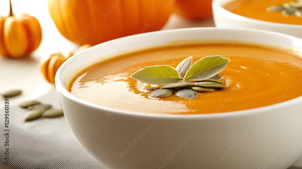 Creamy Pumpkin Soup Served in a Bowl with Fresh Garnish on a Table with Decorative Pumpkins Creamy Pumpkin Soup Served in a Bowl with Fresh Garnish on a Table with Decorative Pumpkins