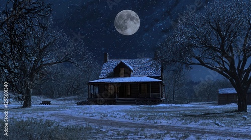 Snowy Night House Full Moon Winter Scene