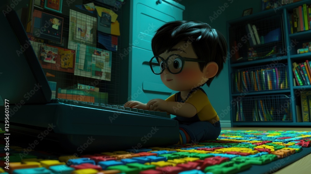 Fototapeta premium Child using laptop at night in a room. Possible stock photo use