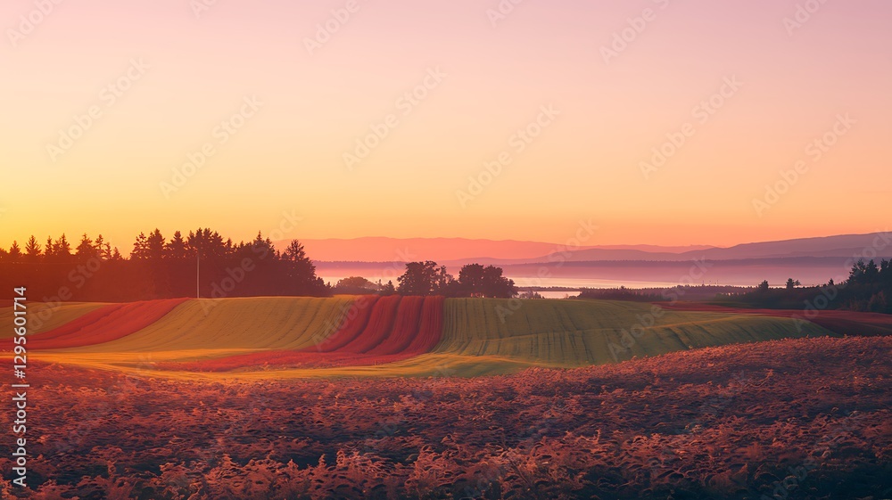Obraz premium Golden Horizon: Scenic landscape during sunrise or sunset, painted with warm, inviting colors. Farmland gently rolling towards the horizon with an enchanting, soft, dreamy light.