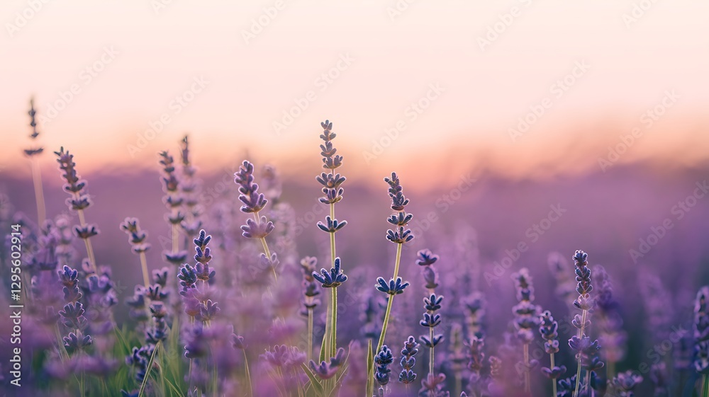 Fototapeta premium Lavender Field at Sunset: A close-up shot of a vibrant field of lavender bathed in the soft, warm hues of a sunset.