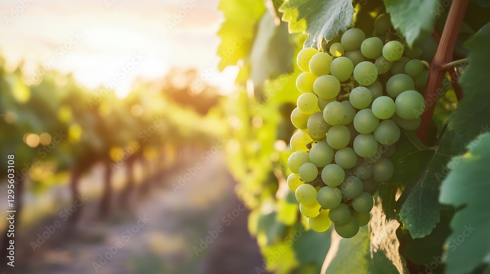 Fototapeta premium Close up view of ripe green grapes hanging on the vine in a sunlit vineyard : Generative AI
