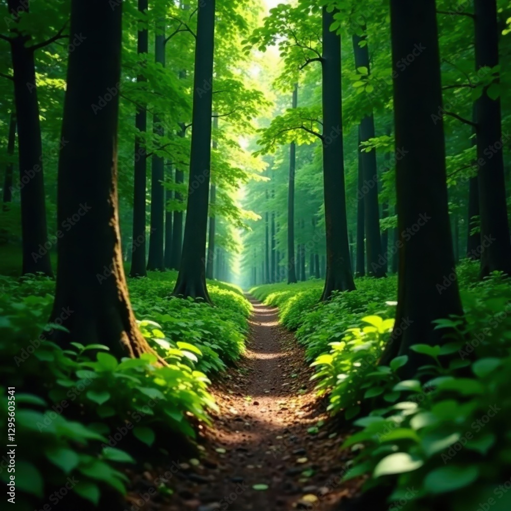 Fototapeta premium Narrow forest trail disappearing into deep woods, calm, mysterious, quiet