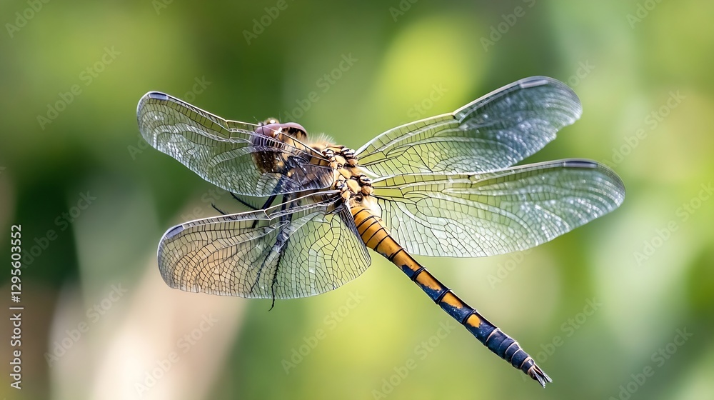 Close up of a dragonfly with vibrant colors and detailed wings hovering over blurred background : Generative AI Close up of a dragonfly with vibrant colors and detailed wings hovering over blurred background : Generative AI
