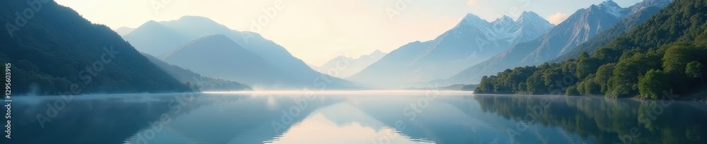 Fototapeta premium Misty morning, lake reflecting mountain peaks, mist, still, lake