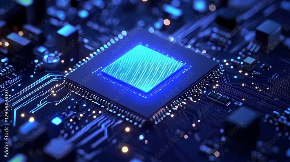 Close-Up of Glowing Blue Chip on Circuit Board Close-Up of Glowing Blue Chip on Circuit Board