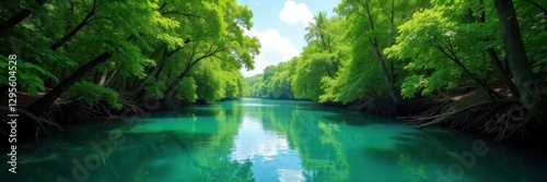 Lush mangrove river flows past vibrant green island trees , dense, wild