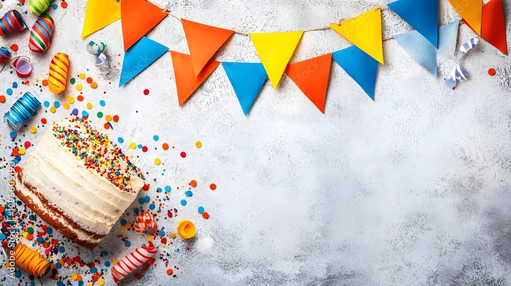 Obraz premium Colorful Party Decorations with Cake and Confetti for a Joyful Celebration Event