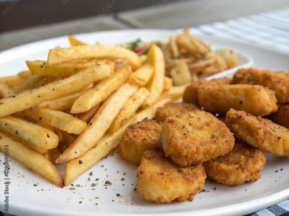 chicken nuggets with French fries and ketchup , Fried chicken nuggets with french fries and sauce isolated, fried chicken with french fries and nuggets meal chicken nuggets with French fries and ketchup , Fried chicken nuggets with french fries and sauce isolated, fried chicken with french fries and nuggets meal