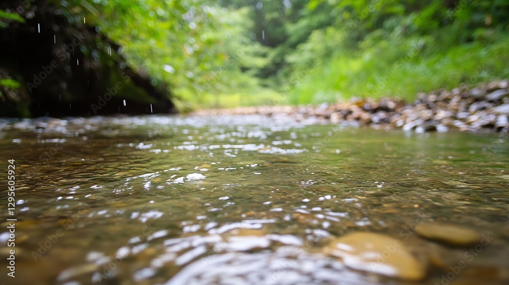 Fototapeta premium Scenic Close-Up of a Gentle Stream Flowing Through Lush Green Forest with Soft Rain : Generative AI