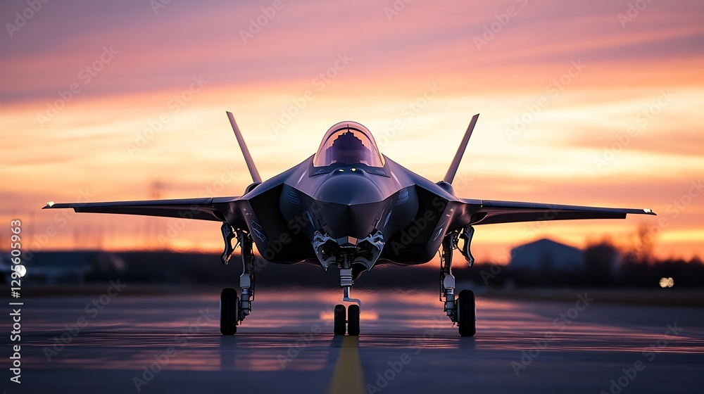 Fototapeta premium Sleek Military Aircraft on Runway with Dramatic Sunset in Background : Generative AI