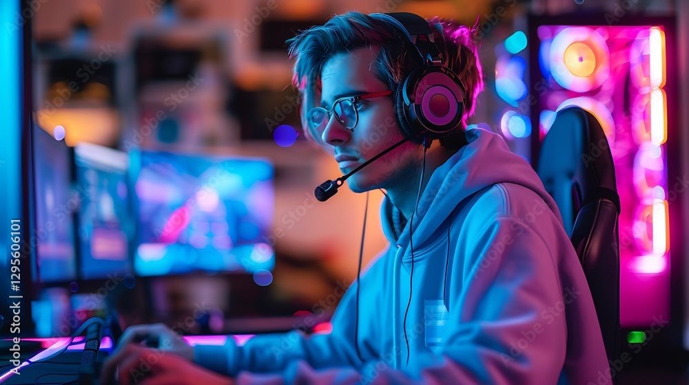 A young Gen Z content creator live-streaming in a high-tech gaming setup, surrounded by RGB lighting, multiple screens, and a professional microphone. Wearing a stylish hoodie and gaming headset, A young Gen Z content creator live-streaming in a high-tech gaming setup, surrounded by RGB lighting, multiple screens, and a professional microphone. Wearing a stylish hoodie and gaming headset,
