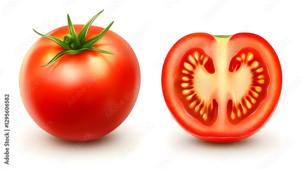 Fresh Red Tomato Whole and Sliced Showing Juicy Interior on White Background Fresh Red Tomato Whole and Sliced Showing Juicy Interior on White Background